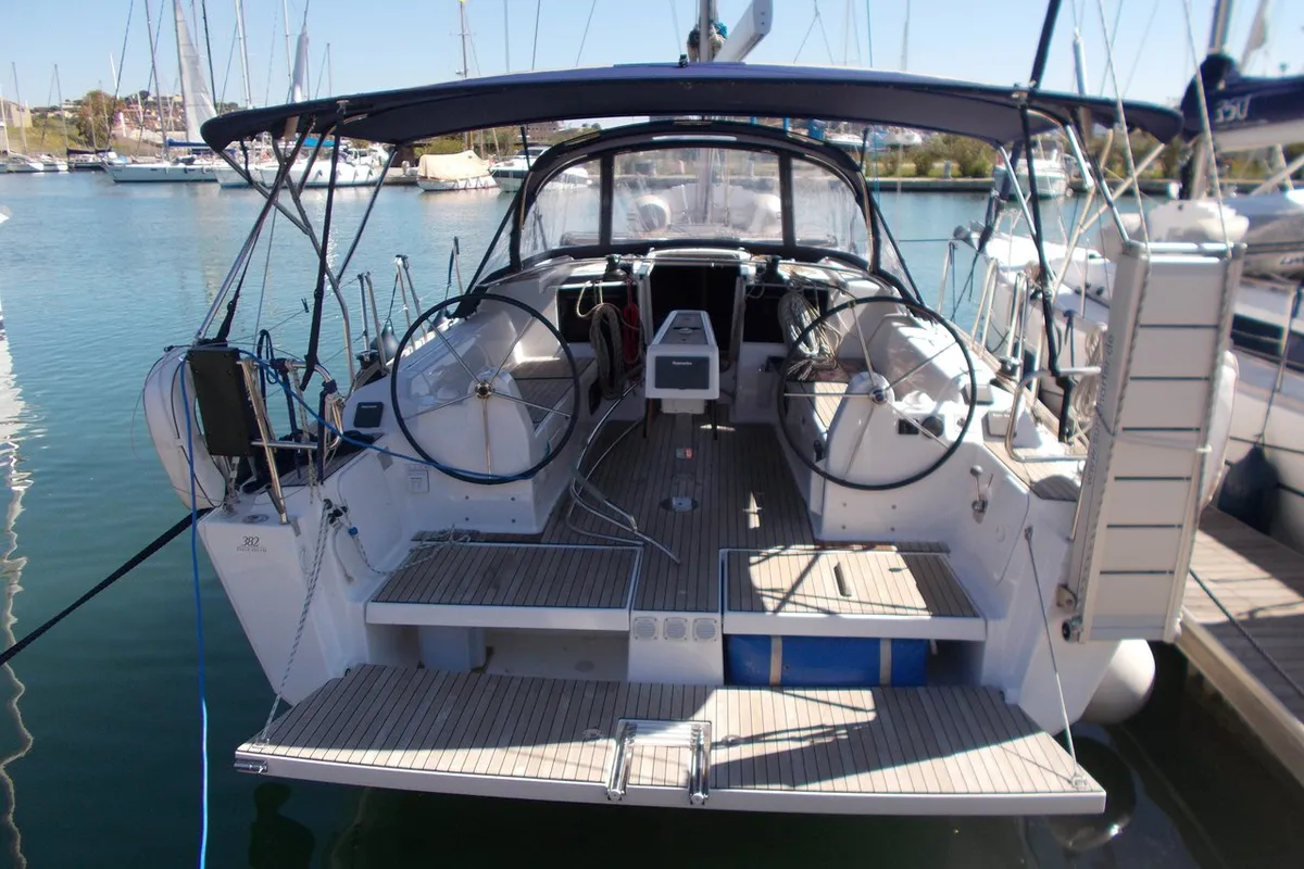 Cockpit of Fever, a Dufour 382 GL sailboat at Portoferraio, Italy