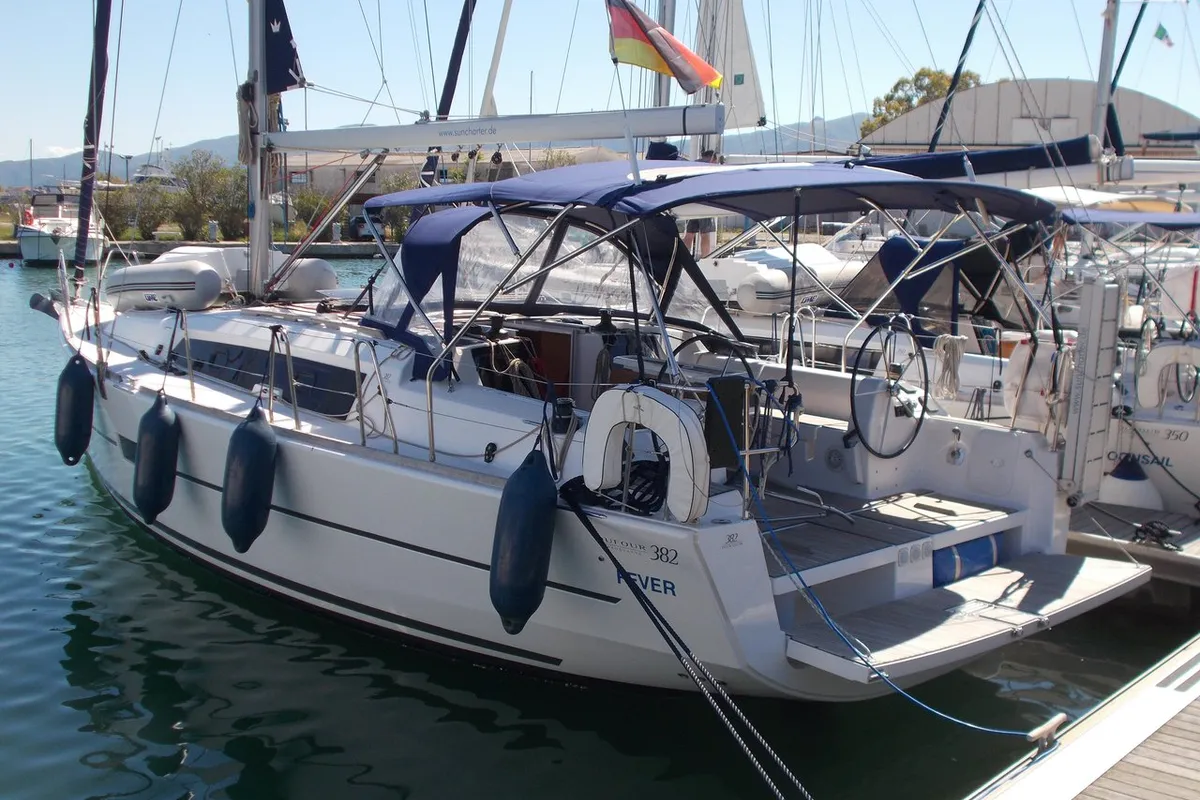 Exterior view of Fever, a Dufour 382 GL sailboat at Portoferraio, Italy
