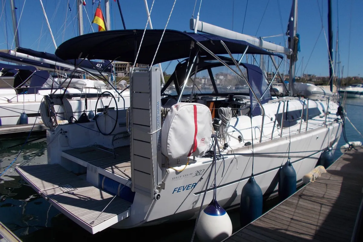 Exterior view of Fever, a Dufour 382 GL sailboat at Portoferraio, Italy