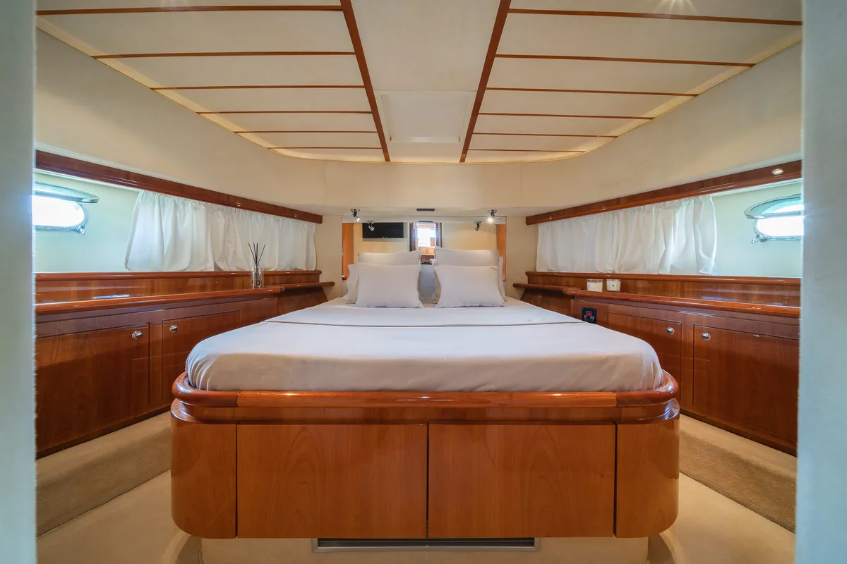 Cabin on SIMPLY BRILLIANT, a Ferretti 68 motor yacht at Ornos, Greece