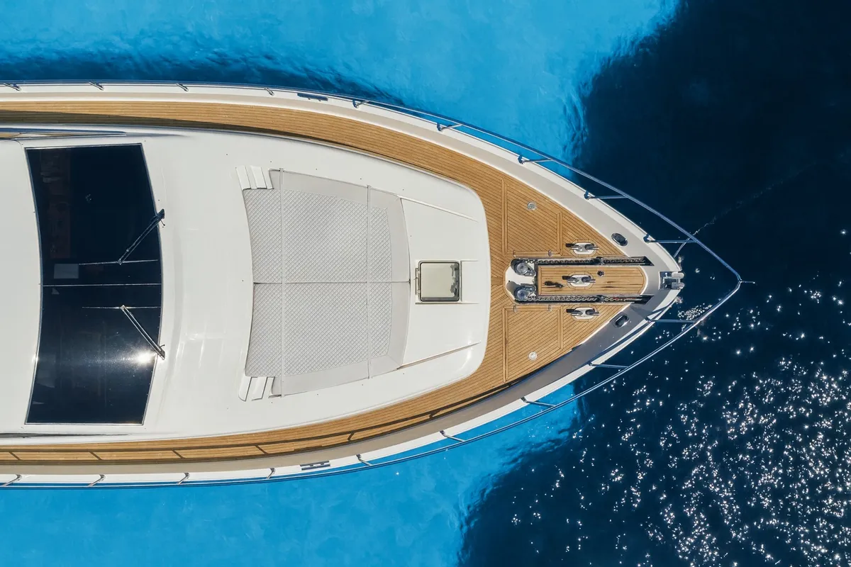 Deck of SIMPLY BRILLIANT, a Ferretti 68 motor yacht at Ornos, Greece