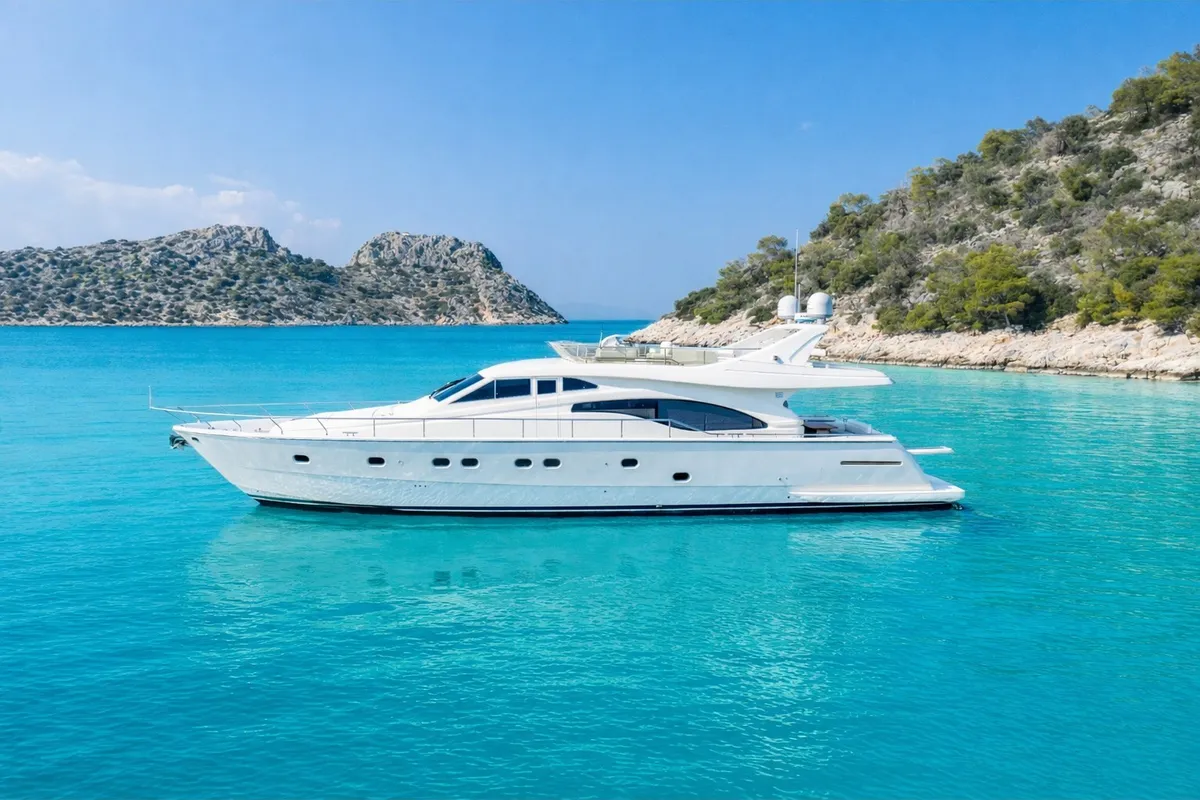 Exterior view of SIMPLY BRILLIANT, a Ferretti 68 motor yacht at Ornos, Greece