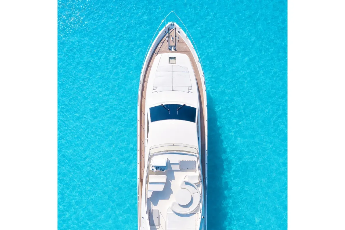 Exterior view of SIMPLY BRILLIANT, a Ferretti 68 motor yacht at Ornos, Greece