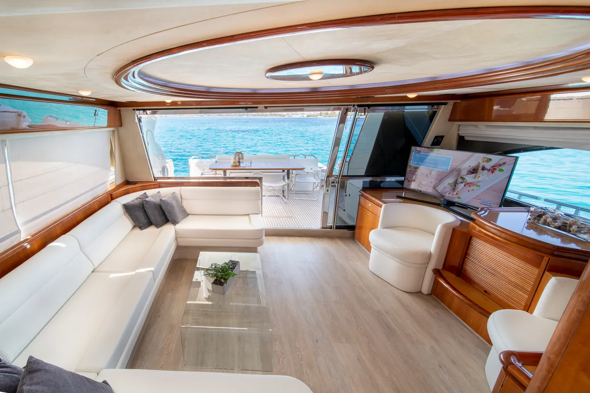 Salon of SIMPLY BRILLIANT, a Ferretti 68 motor yacht at Ornos, Greece