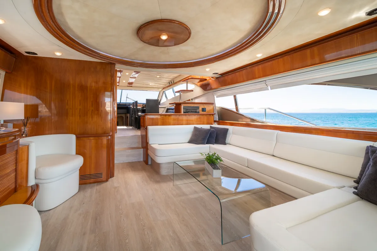 Salon of SIMPLY BRILLIANT, a Ferretti 68 motor yacht at Ornos, Greece