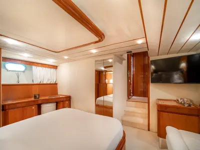 Cabin on SIMPLY BRILLIANT, a Ferretti 68 motor yacht at Ornos, Greece