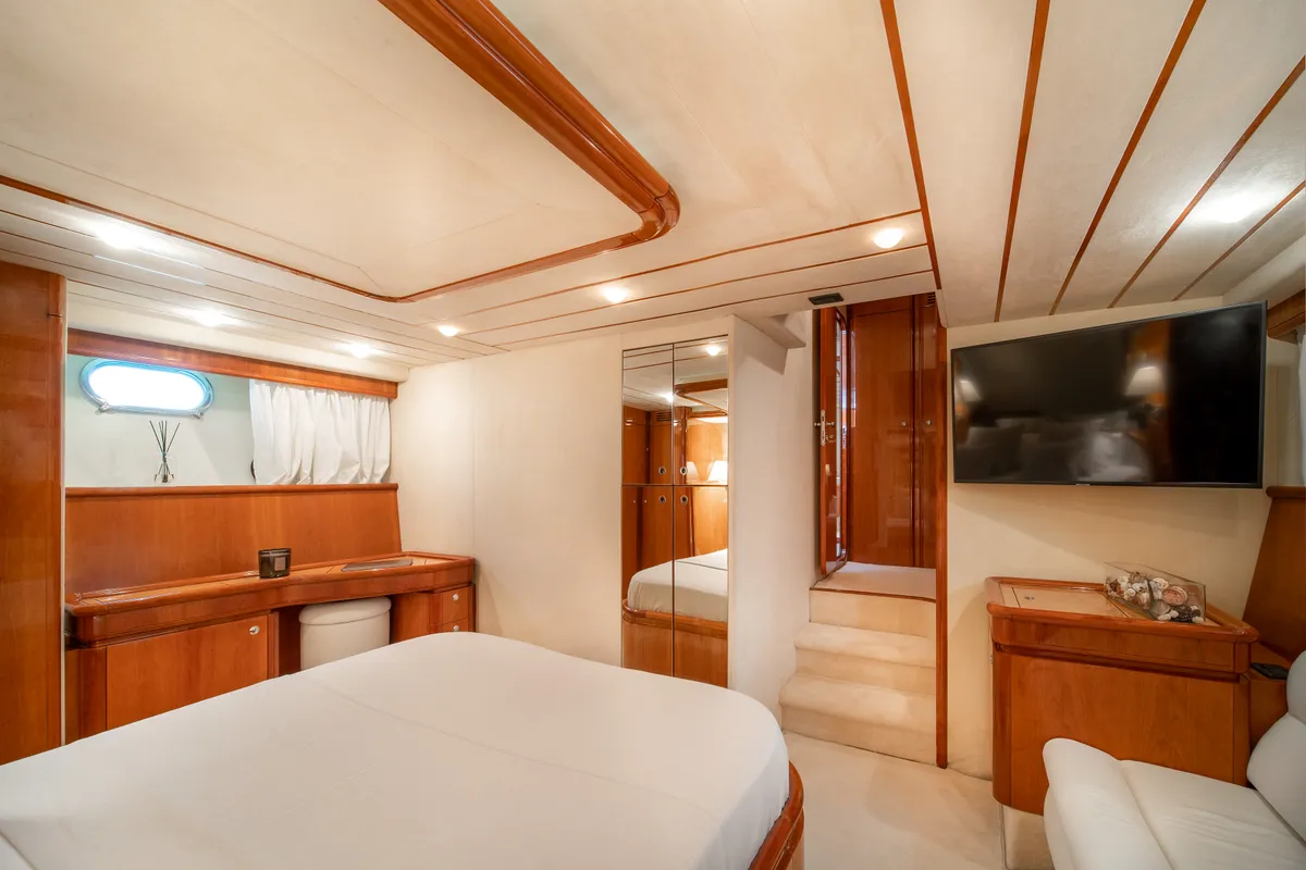 Cabin on SIMPLY BRILLIANT, a Ferretti 68 motor yacht at Ornos, Greece