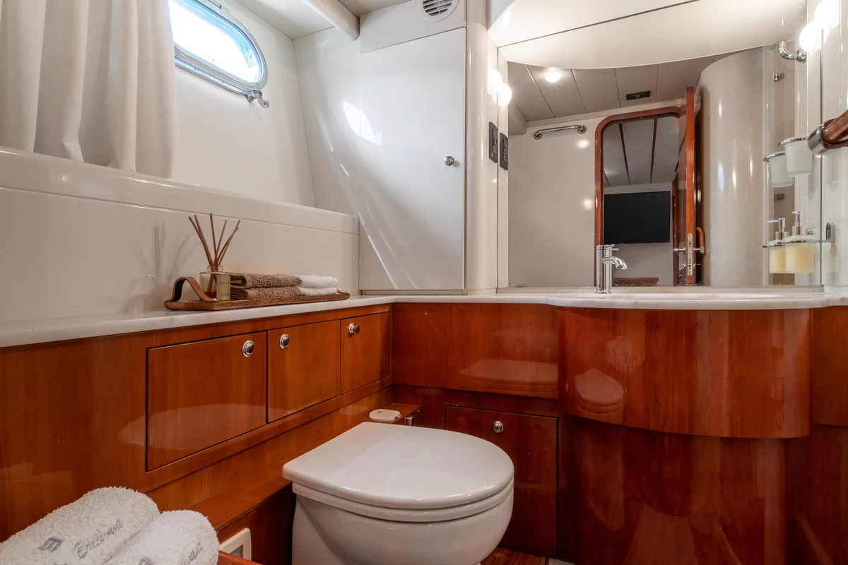 Head on SIMPLY BRILLIANT, a Ferretti 68 motor yacht at Ornos, Greece