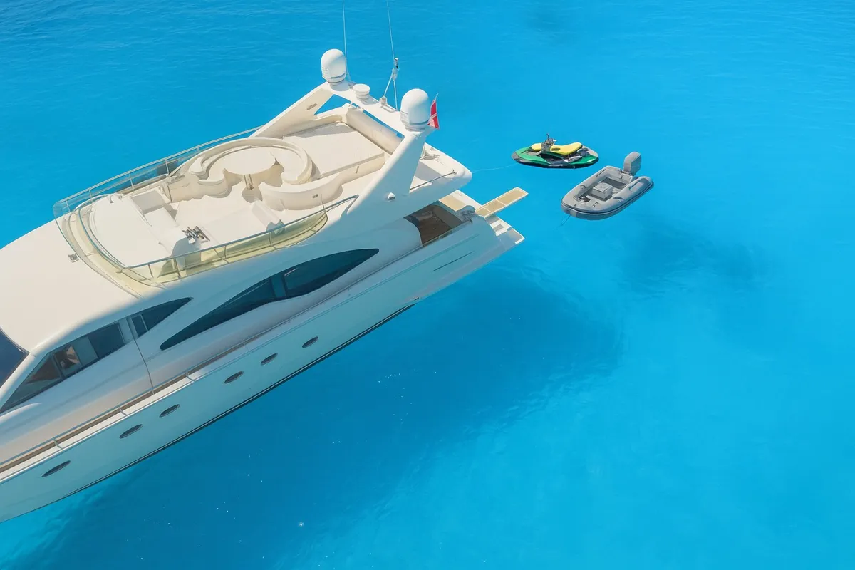 Exterior view of SIMPLY BRILLIANT, a Ferretti 68 motor yacht at Ornos, Greece