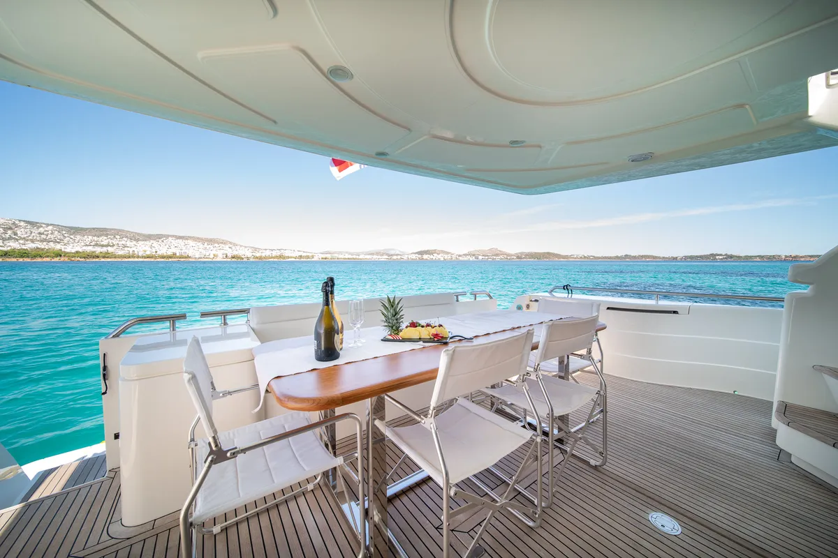 Deck of SIMPLY BRILLIANT, a Ferretti 68 motor yacht at Ornos, Greece