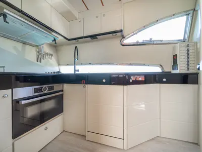 Galley of SIMPLY BRILLIANT, a Ferretti 68 motor yacht at Ornos, Greece