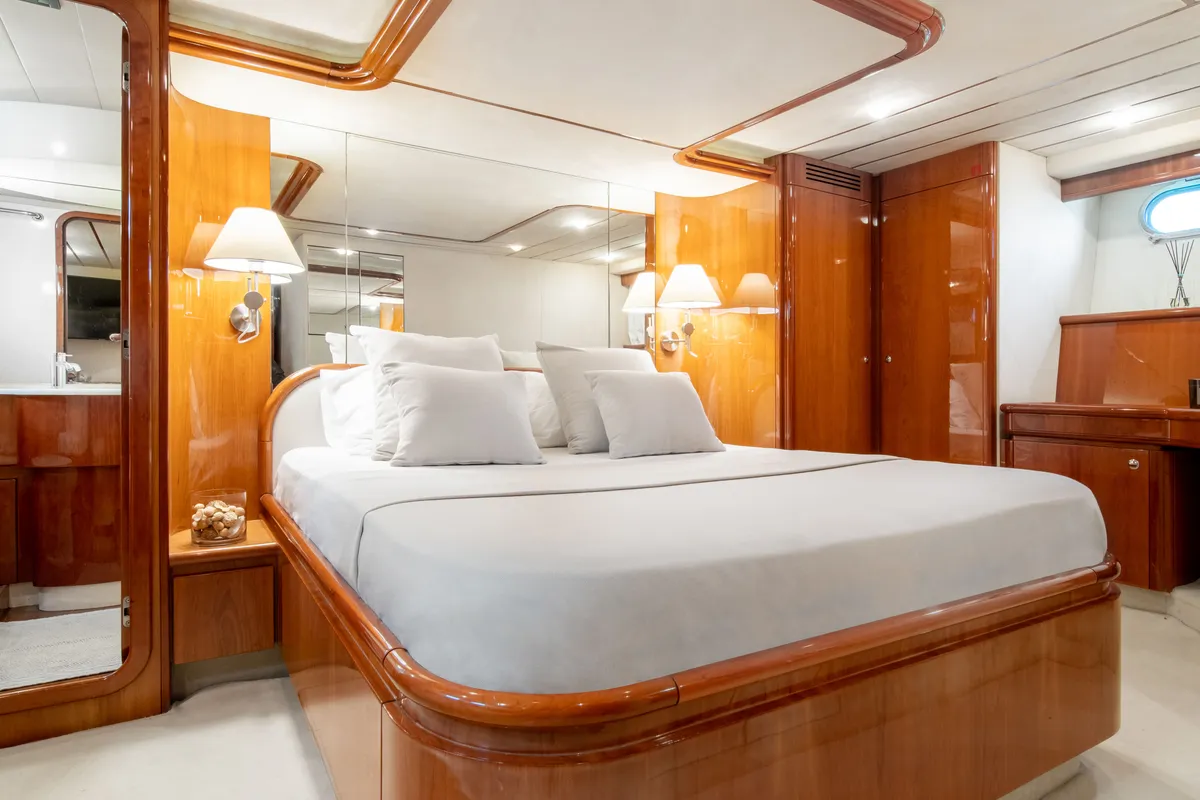 Cabin on SIMPLY BRILLIANT, a Ferretti 68 motor yacht at Ornos, Greece