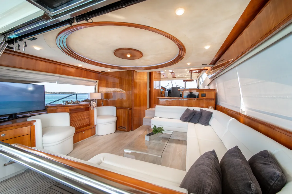 Salon of SIMPLY BRILLIANT, a Ferretti 68 motor yacht at Ornos, Greece