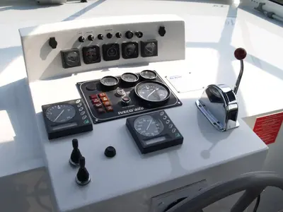 Cockpit of Drait 19, a De Drait Renal 50 motorboat at Drachten, Netherlands