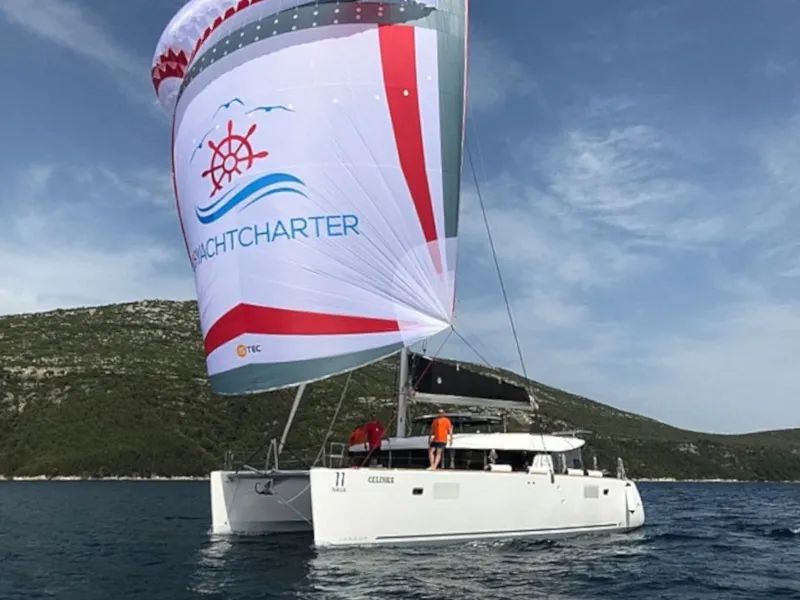 Exterior view of Celinka, a Lagoon 450 Sport catamaran at Sukošan, Croatia