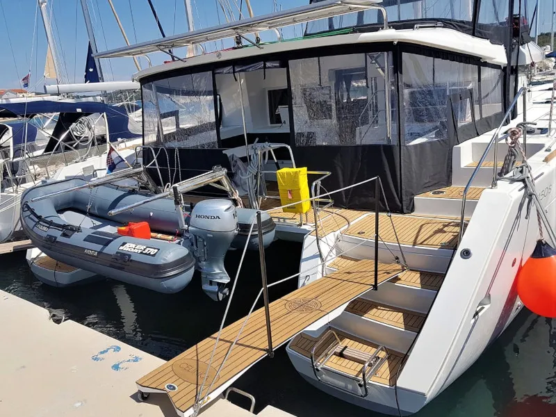 Exterior view of Celinka, a Lagoon 450 Sport catamaran at Sukošan, Croatia
