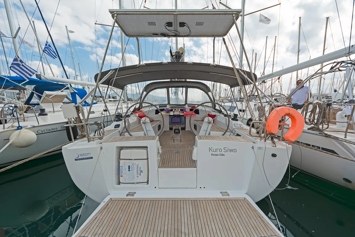Deck of Kuro Siwo, a Hanse 415 sailboat at Municipal Unit of Rhodes, Greece