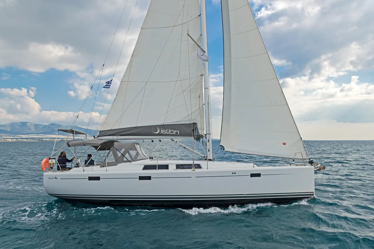 Exterior view of Kuro Siwo, a Hanse 415 sailboat at Municipal Unit of Rhodes, Greece