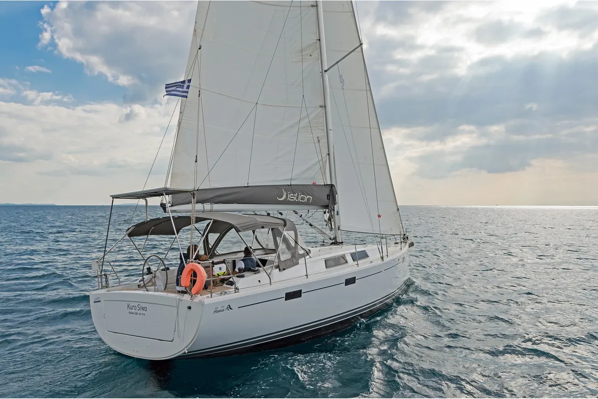 Exterior view of Kuro Siwo, a Hanse 415 sailboat at Municipal Unit of Rhodes, Greece