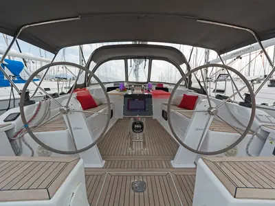 Cockpit of Kuro Siwo, a Hanse 415 sailboat at Municipal Unit of Rhodes, Greece