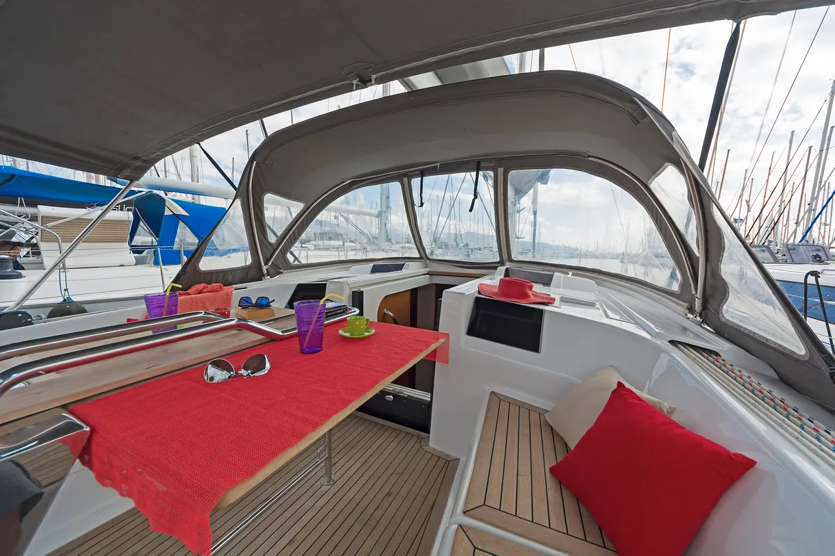 Deck of Kuro Siwo, a Hanse 415 sailboat at Municipal Unit of Rhodes, Greece
