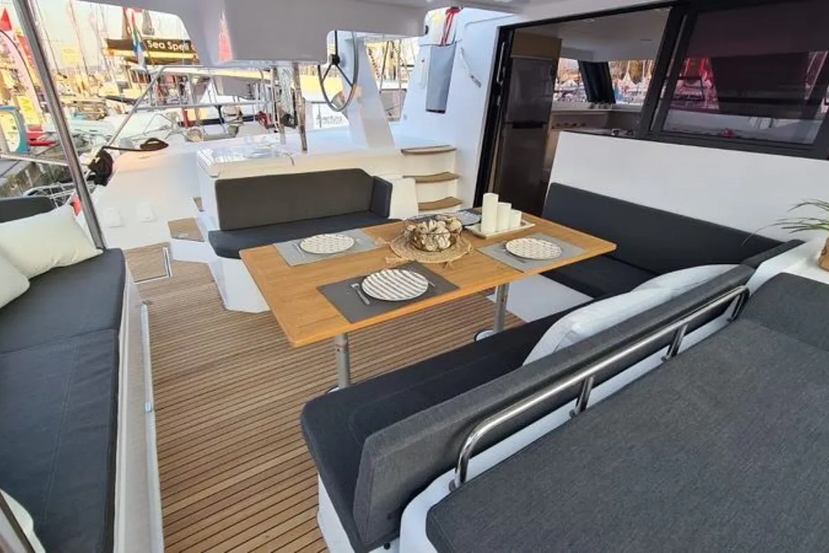 Deck of Manalua, a Aventura 37 catamaran at Valencia, Spain