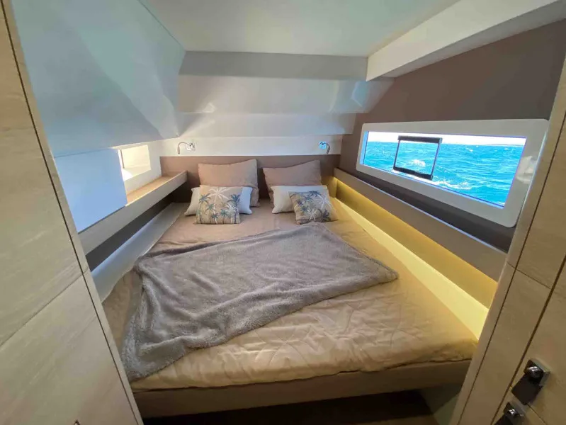 Cabin on Manalua, a Aventura 37 catamaran at Valencia, Spain