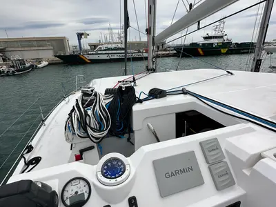 Cockpit of Manalua, a Aventura 37 catamaran at Valencia, Spain