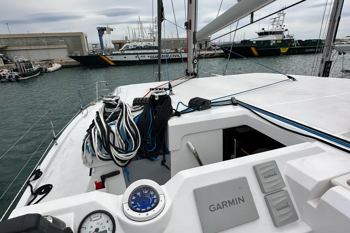 Cockpit of Manalua, a Aventura 37 catamaran at Valencia, Spain