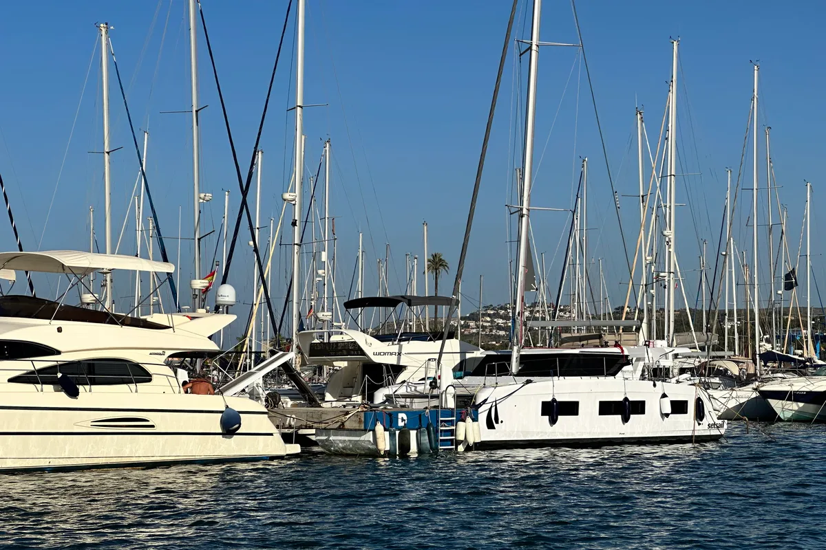 Exterior view of Manalua, a Aventura 37 catamaran at Valencia, Spain