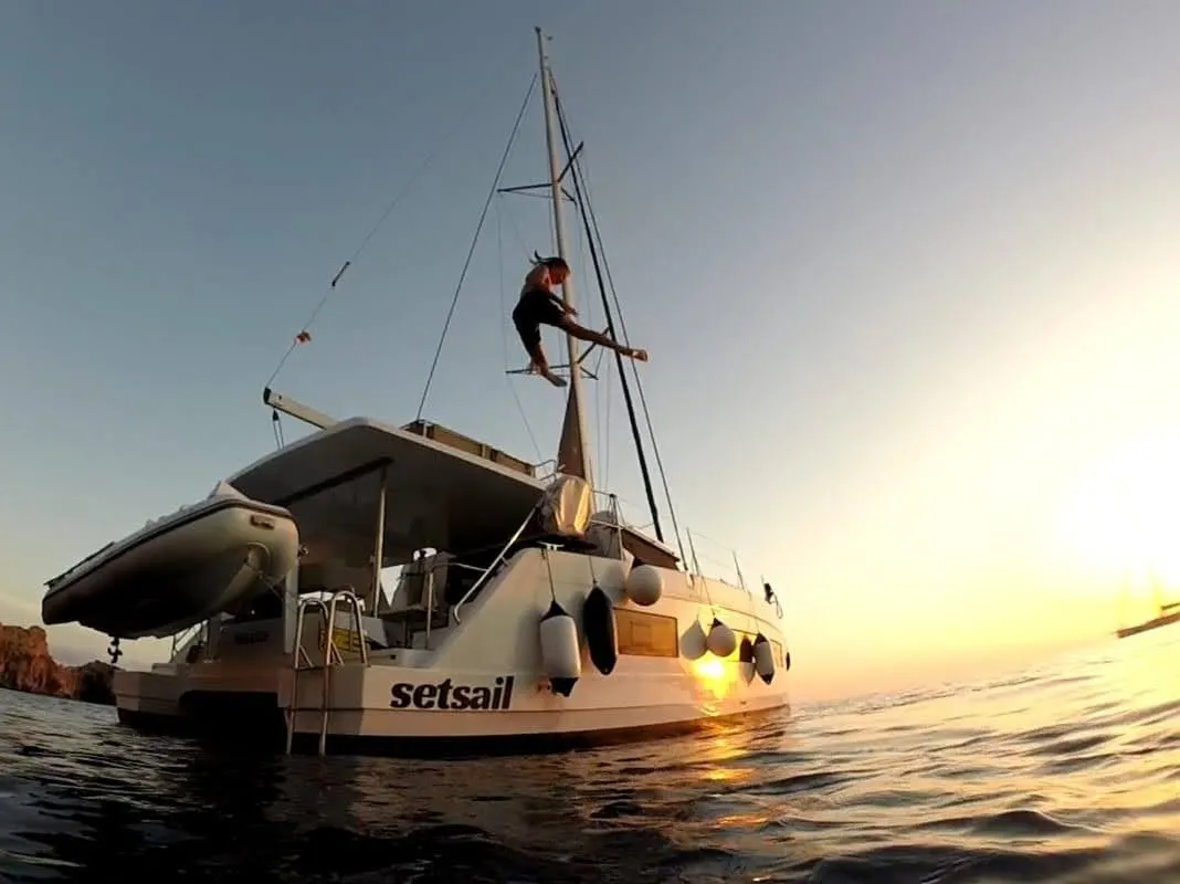 Exterior view of Manalua, a Aventura 37 catamaran at Valencia, Spain