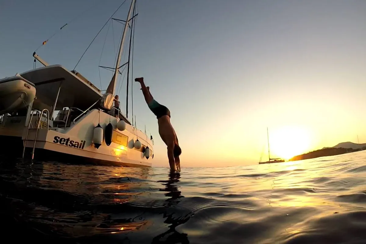 Exterior view of Manalua, a Aventura 37 catamaran at Valencia, Spain