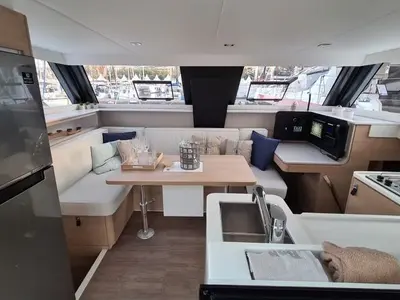 Salon of Manalua, a Aventura 37 catamaran at Valencia, Spain