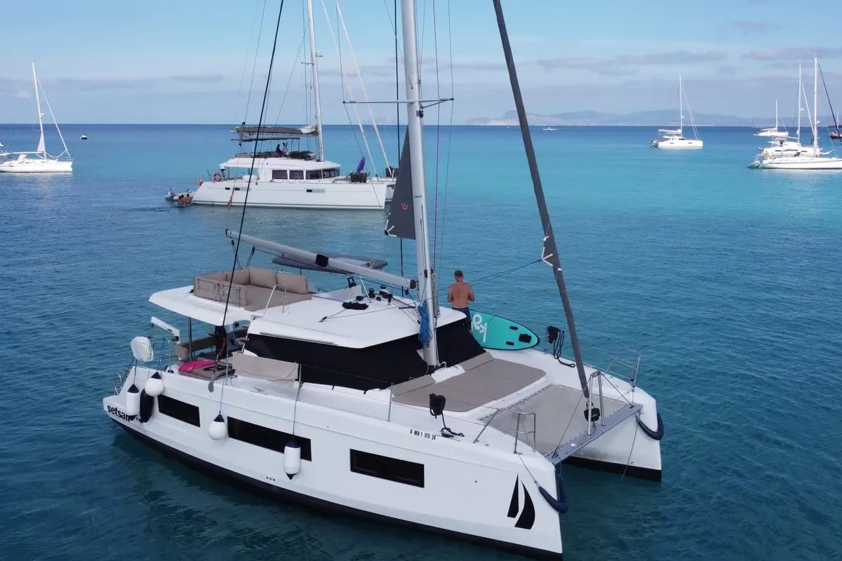Exterior view of Manalua, a Aventura 37 catamaran at Valencia, Spain