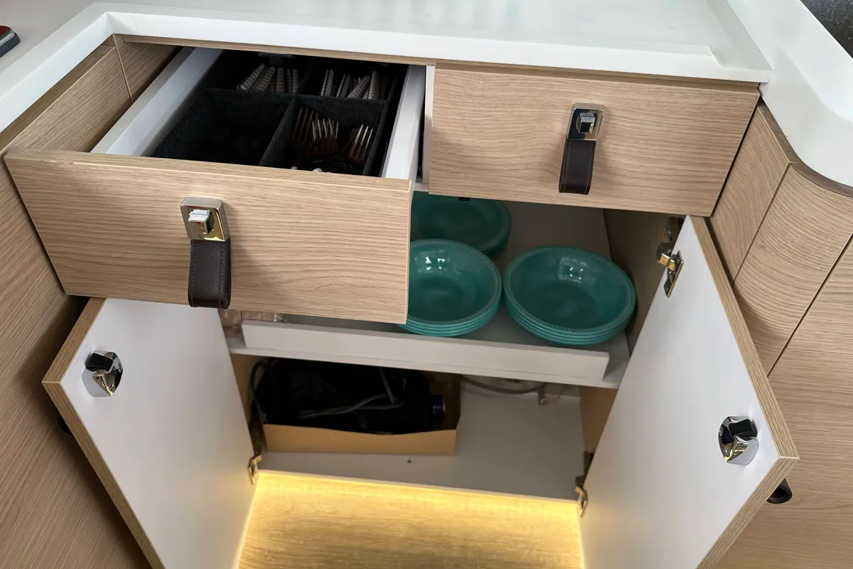 Galley of Manalua, a Aventura 37 catamaran at Valencia, Spain