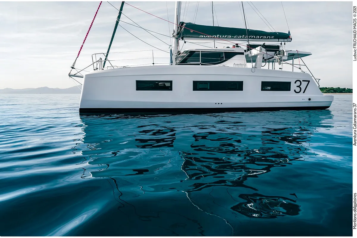 Exterior view of Manalua, a Aventura 37 catamaran at Valencia, Spain