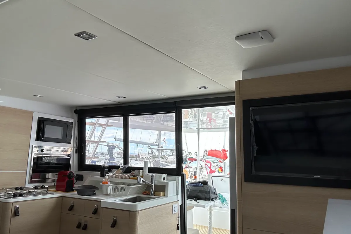 Galley of Manalua, a Aventura 37 catamaran at Valencia, Spain