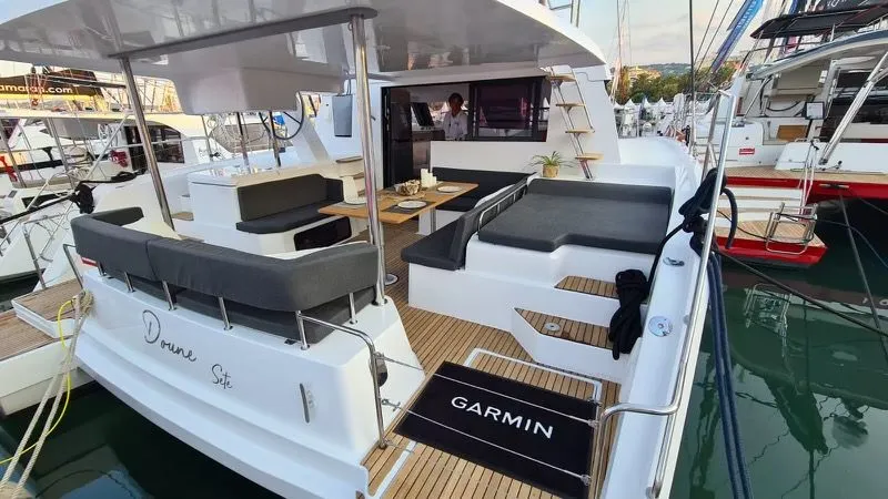 Deck of Manalua, a Aventura 37 catamaran at Valencia, Spain