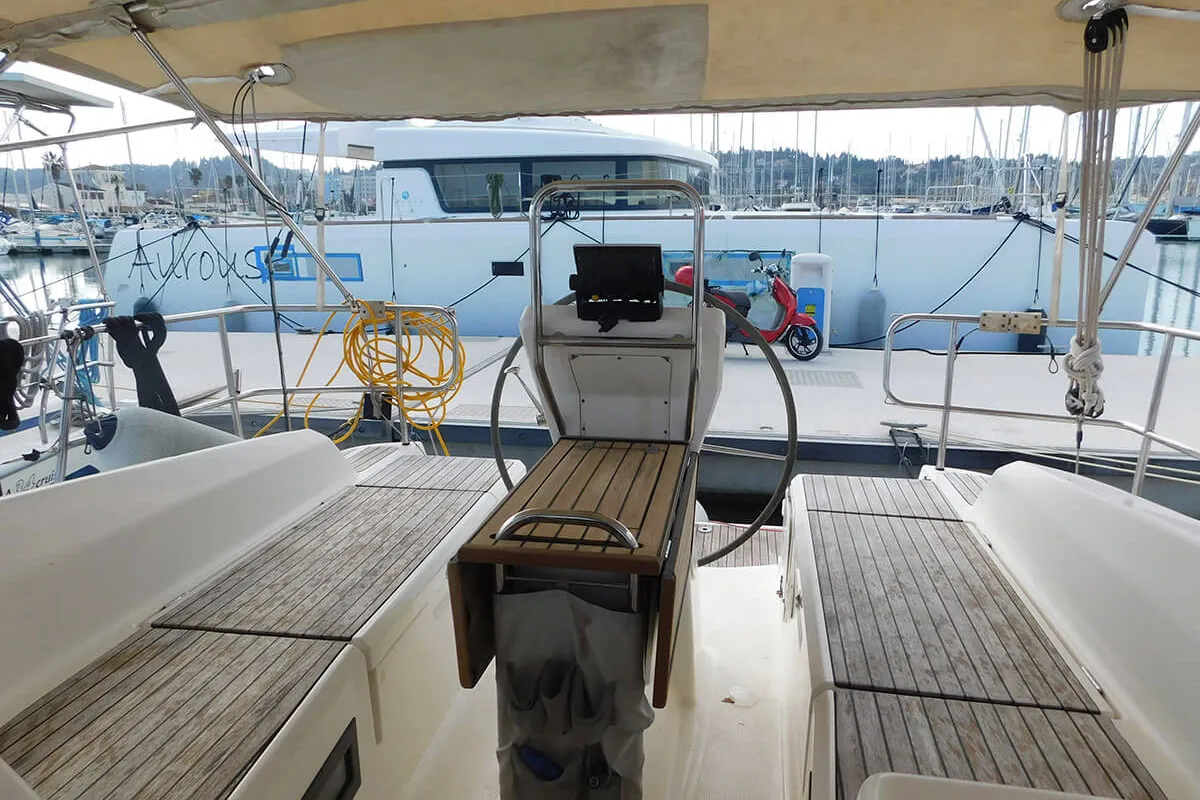 Cockpit of Ifigenia, a Bavaria Cruiser 36 sailboat at Kontokali, Greece