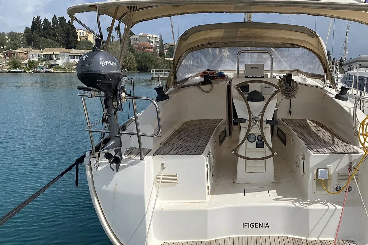 Cockpit of Ifigenia, a Bavaria Cruiser 36 sailboat at Kontokali, Greece