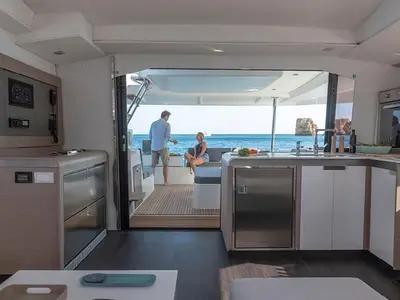 Galley of Seeker, a Fountaine Pajot Elba 45 catamaran at Road Town, British Virgin Islands
