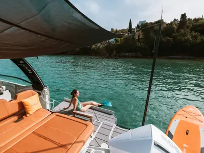 Deck of Amelia, a Saxdor 320 GTO motorboat at Pylos, Greece