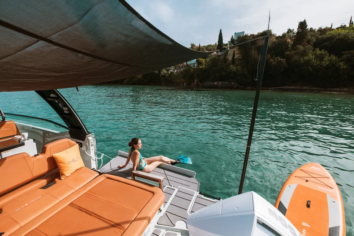 Deck of Amelia, a Saxdor 320 GTO motorboat at Pylos, Greece