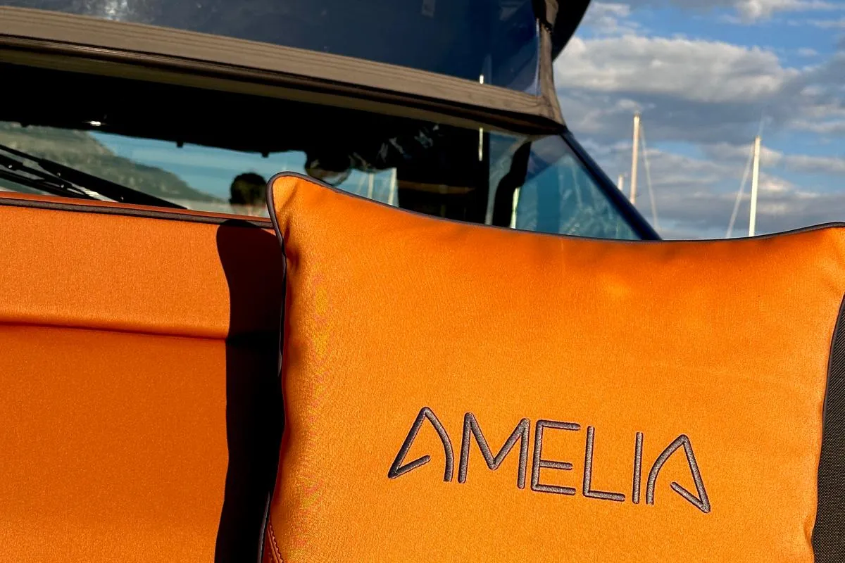 Amelia, a Saxdor 320 GTO motorboat at Pylos, Greece