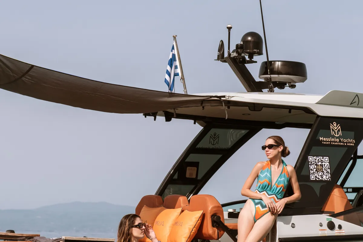 Deck of Amelia, a Saxdor 320 GTO motorboat at Pylos, Greece