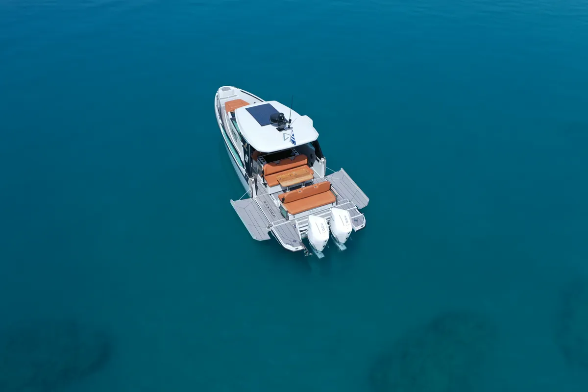 Exterior view of Amelia, a Saxdor 320 GTO motorboat at Pylos, Greece