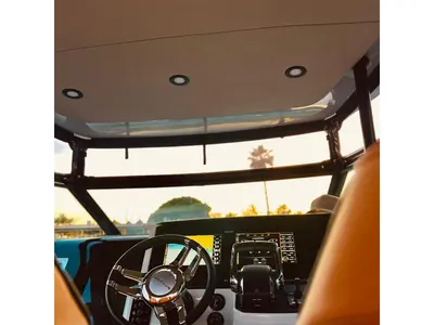 Cockpit of Amelia, a Saxdor 320 GTO motorboat at Pylos, Greece