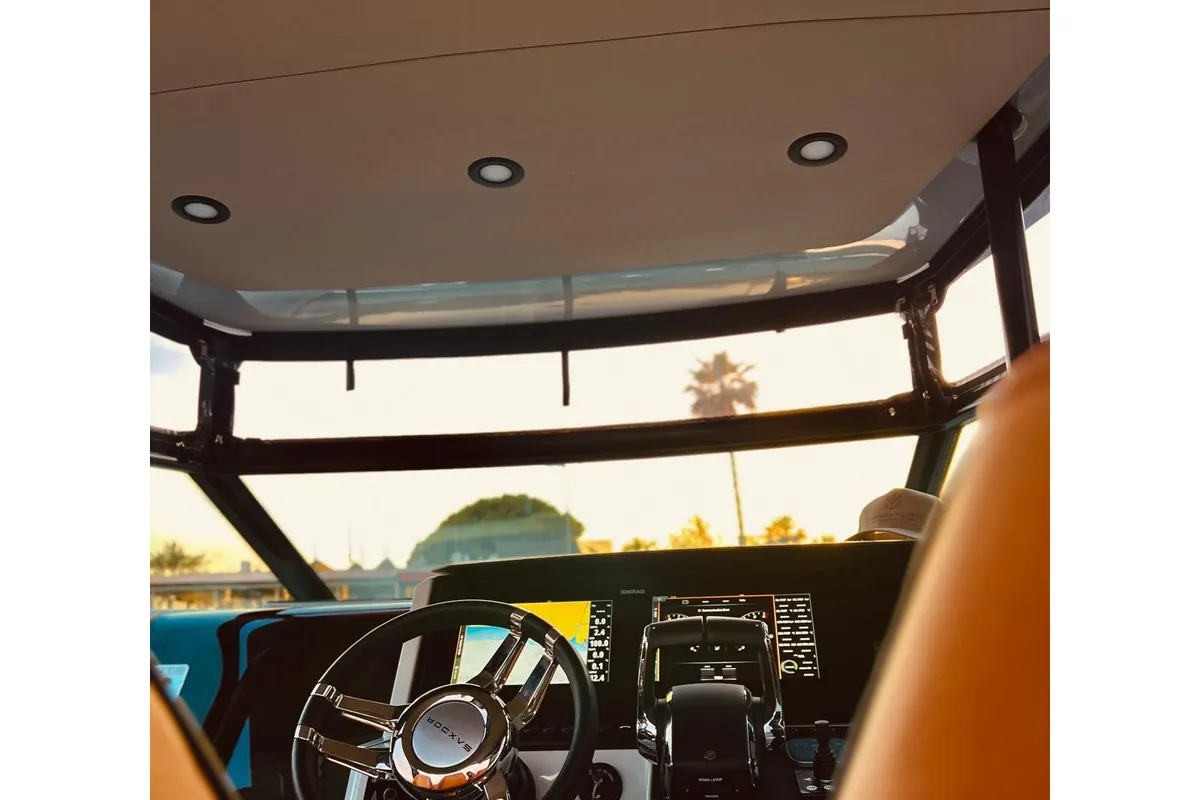 Cockpit of Amelia, a Saxdor 320 GTO motorboat at Pylos, Greece