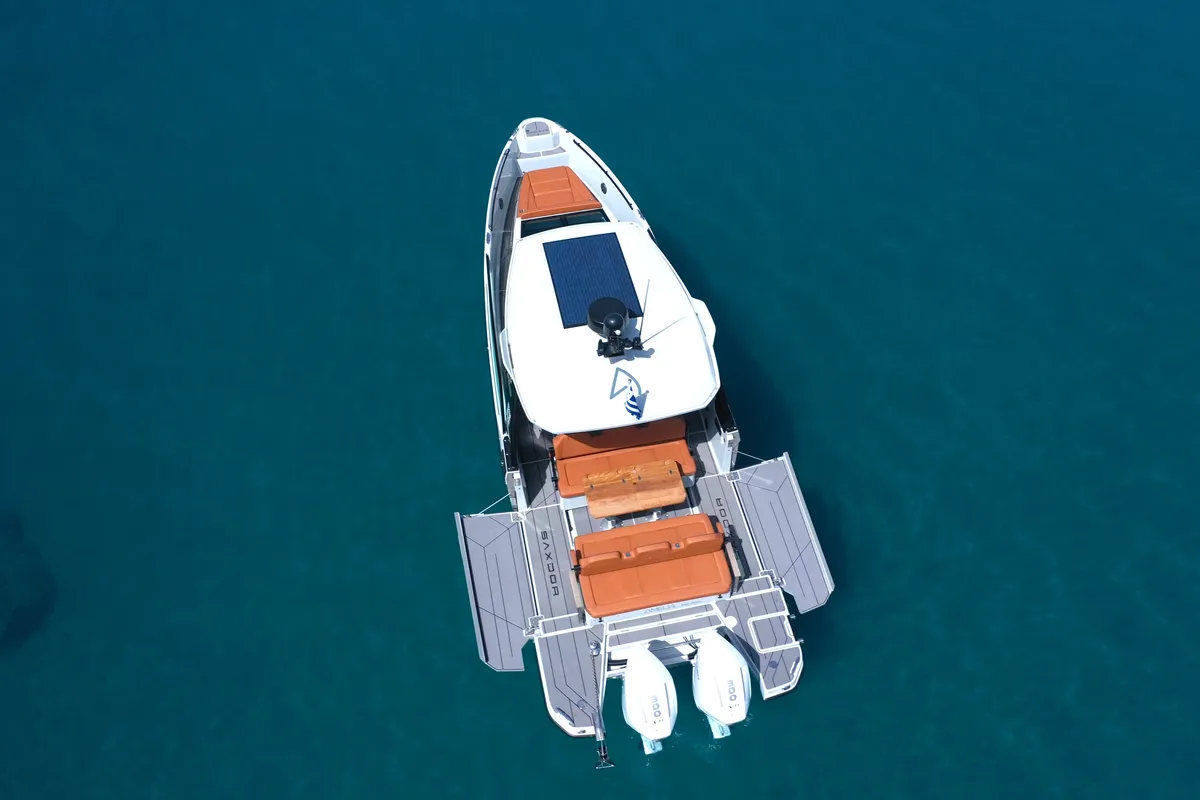 Exterior view of Amelia, a Saxdor 320 GTO motorboat at Pylos, Greece