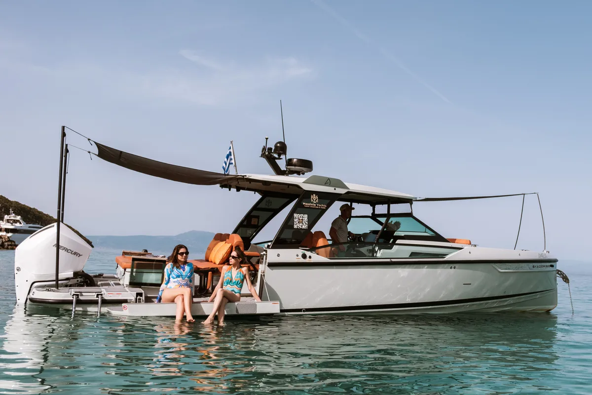 Exterior view of Amelia, a Saxdor 320 GTO motorboat at Pylos, Greece